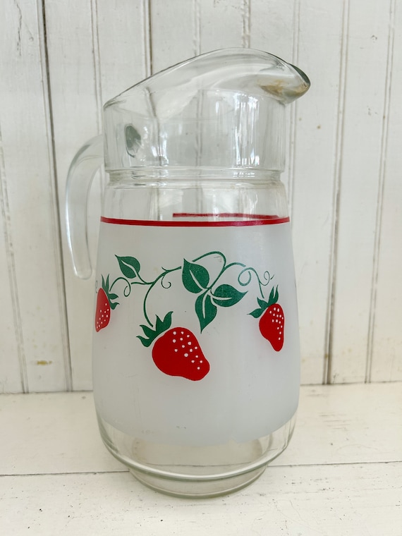 Vintage Teleflora Strawberry Frosted Glass Pitcher 1983 Vintage Pitcher  Strawberry Decor Cottagecore Decor Lemonade Pitcher 