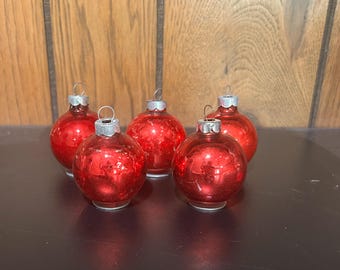 Set of 5 Vintage Red Glass Ornaments, Scalloped Metal Caps, Made in USA