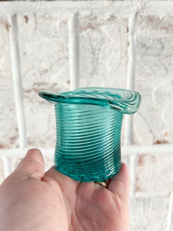1981 Avon Votive Candle Holder,  Vintage Votive Holder, Blue Glassware, Beach Decor Teal Decor, Turquoise Decor, Glass Hat, Swirl Glass Avon