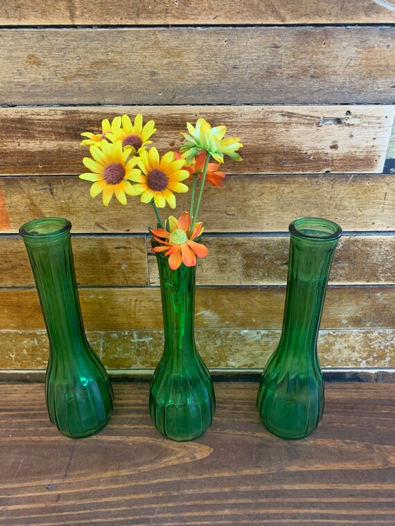 Green Glass Bud Vase Fluted Green Vase Green Bud Vase Etsy