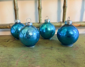 Set of 4 Vintage Royal Blue Mercury Glass Ornaments, Made in USA (1970s)