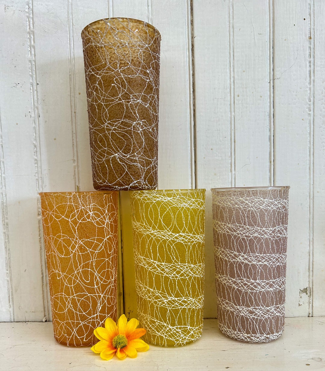 Vintage Spaghetti String Glass Tumblers Retro Tumblers Midcentury