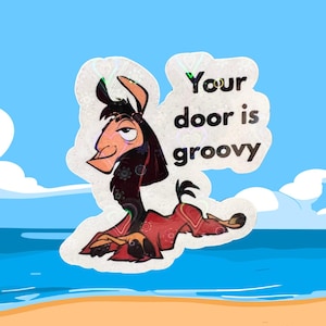 May include: A sticker featuring a cartoon llama with the text "Your door is groovy." The llama is primarily red, black, and tan, with a light blue background depicting a beach scene.