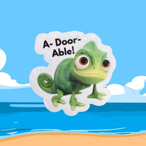 May include: A green chameleon sticker with the text "A-Door-Able!" against a blue sky and beach background. The chameleon has large brown eyes and is in a playful pose. The sticker is likely for decoration.
