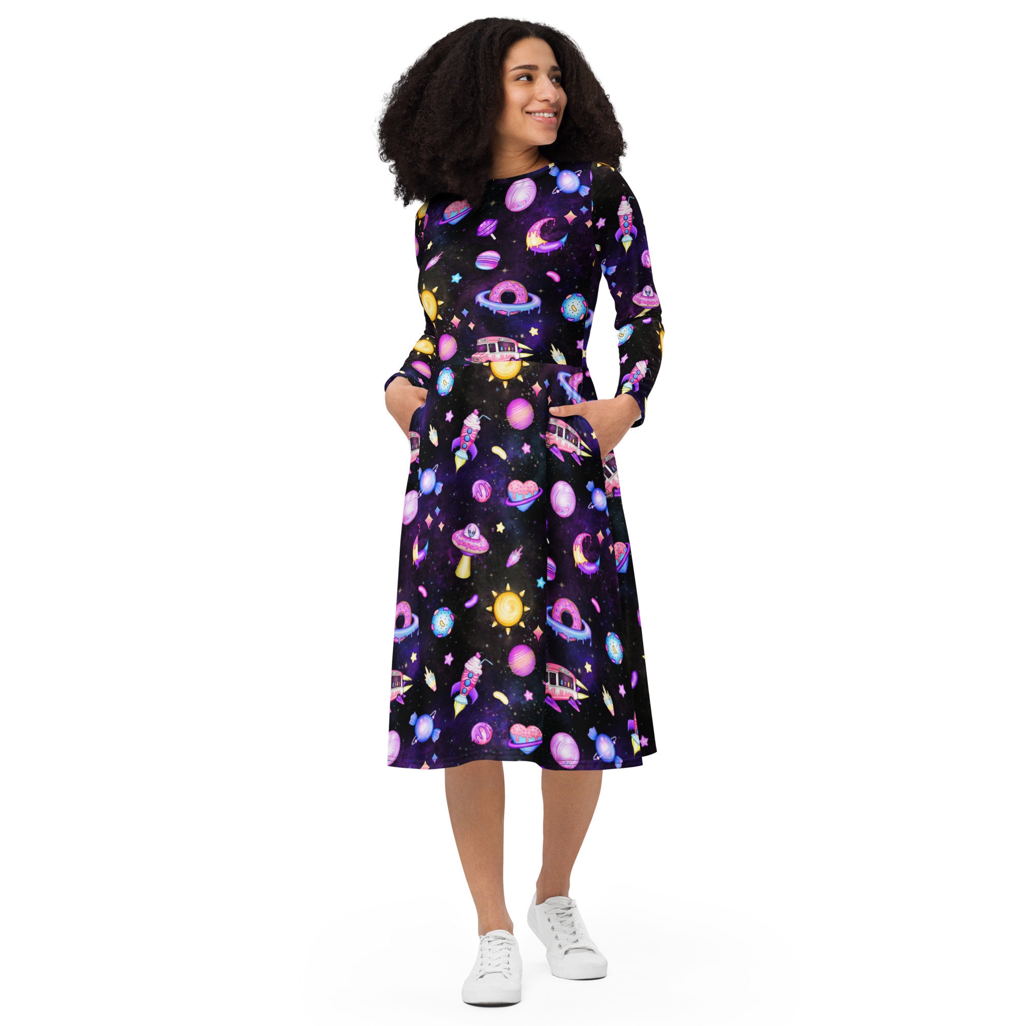 Feather irregular round neck zip-up print midi dress | pastel goth main image 1