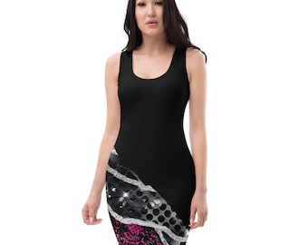 Puede incluir: Un vestido negro sin mangas con un diseño geométrico rosa, plateado y negro en el lateral.