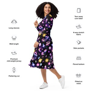 Space Goth long sleeve midi dress with pockets, kawaii goth women's dress, pastel goth Galaxy, aliencore, plus size 3x 4x 5x 6x