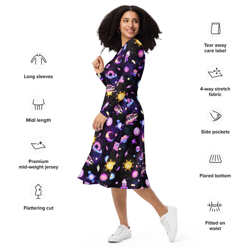 Space Goth long sleeve midi dress with pockets, kawaii goth women's dress, pastel goth Galaxy, aliencore, plus size 3x 4x 5x 6x