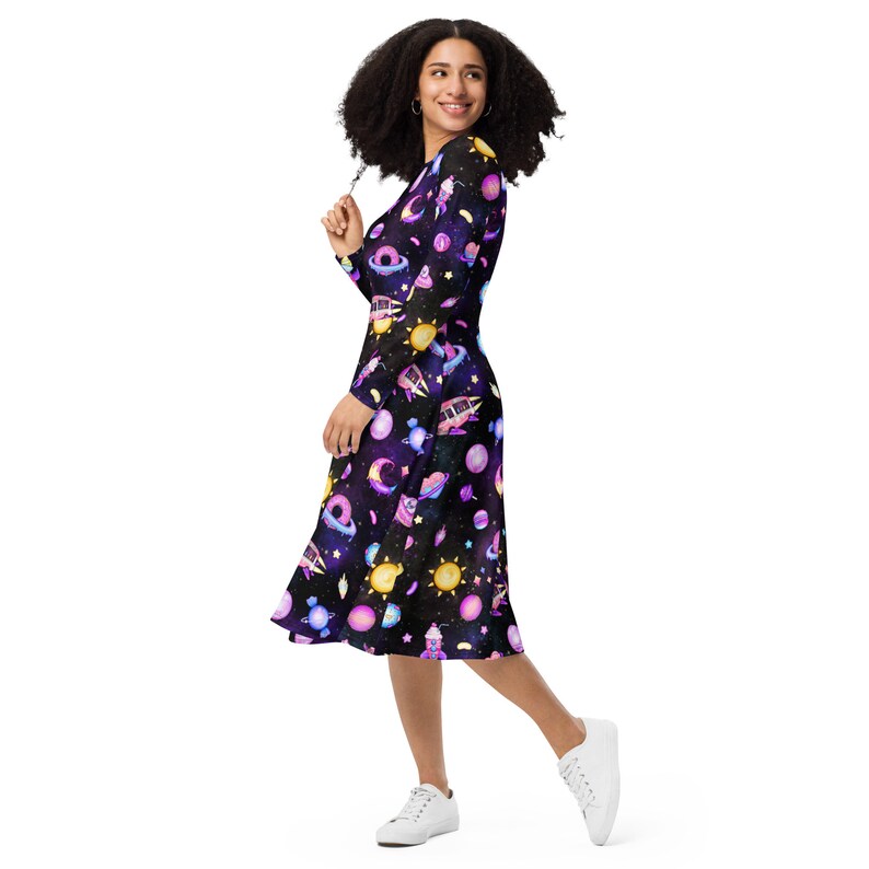 Space Goth long sleeve midi dress with pockets, kawaii goth women's dress, pastel goth Galaxy, aliencore, plus size 3x 4x 5x 6x
