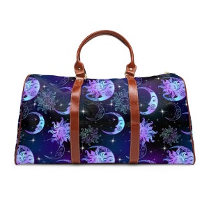 Himmlische Sonne Mond und Sterne Reisetasche, witchy weekender, große Tasche, Geschenk für sie, Wasserdichte Reisetasche