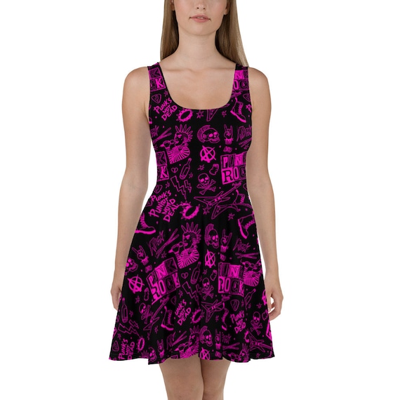 スカート Punk Printed Two-Way Sheath Dress Punk Grunge Skater Dress, Pink and Black Dress, Y2k Dress, Punk's