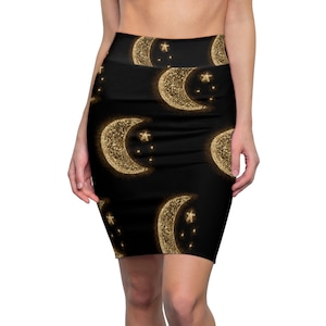 Celestial Moon and Stars Women&#39;s Pencil Skirt, black and gold stardust skirt, celestial clothes