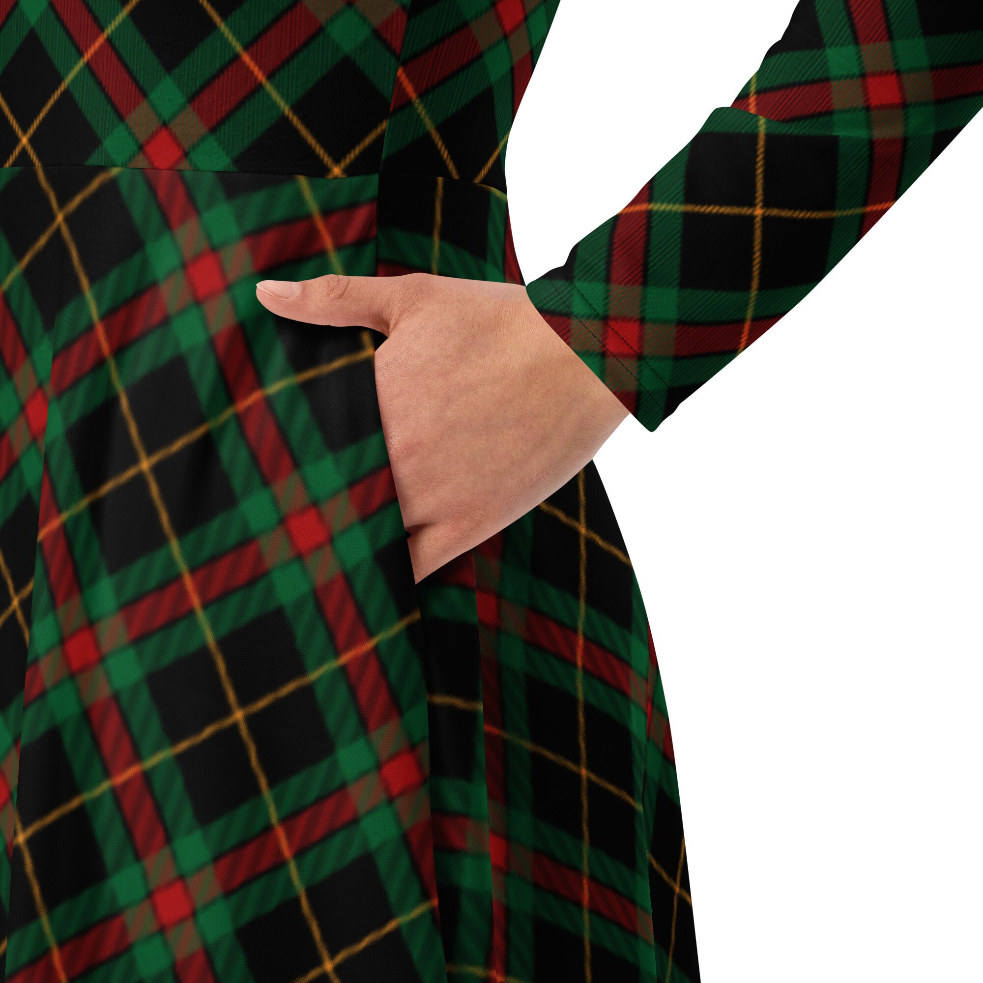 Plaid Long Sleeve Midi Dress, Women's Holiday Dress, Red Green Plaid Christmas Dress with Pockets, Women's Dress