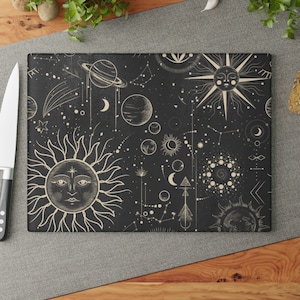 Celestial Sun Moon and Stars Glass Cutting Board, astrology kitchen decor