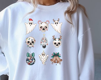 Goth Christmas Ghost Sweatshirt, griezelige vakantie skelettrui, horror kerstshirt, Unisex Crewneck Sweatshirt