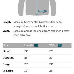 May include: Size chart for a hoodie with measurements in inches for length and width. The chart shows sizes from small to 5X-large.