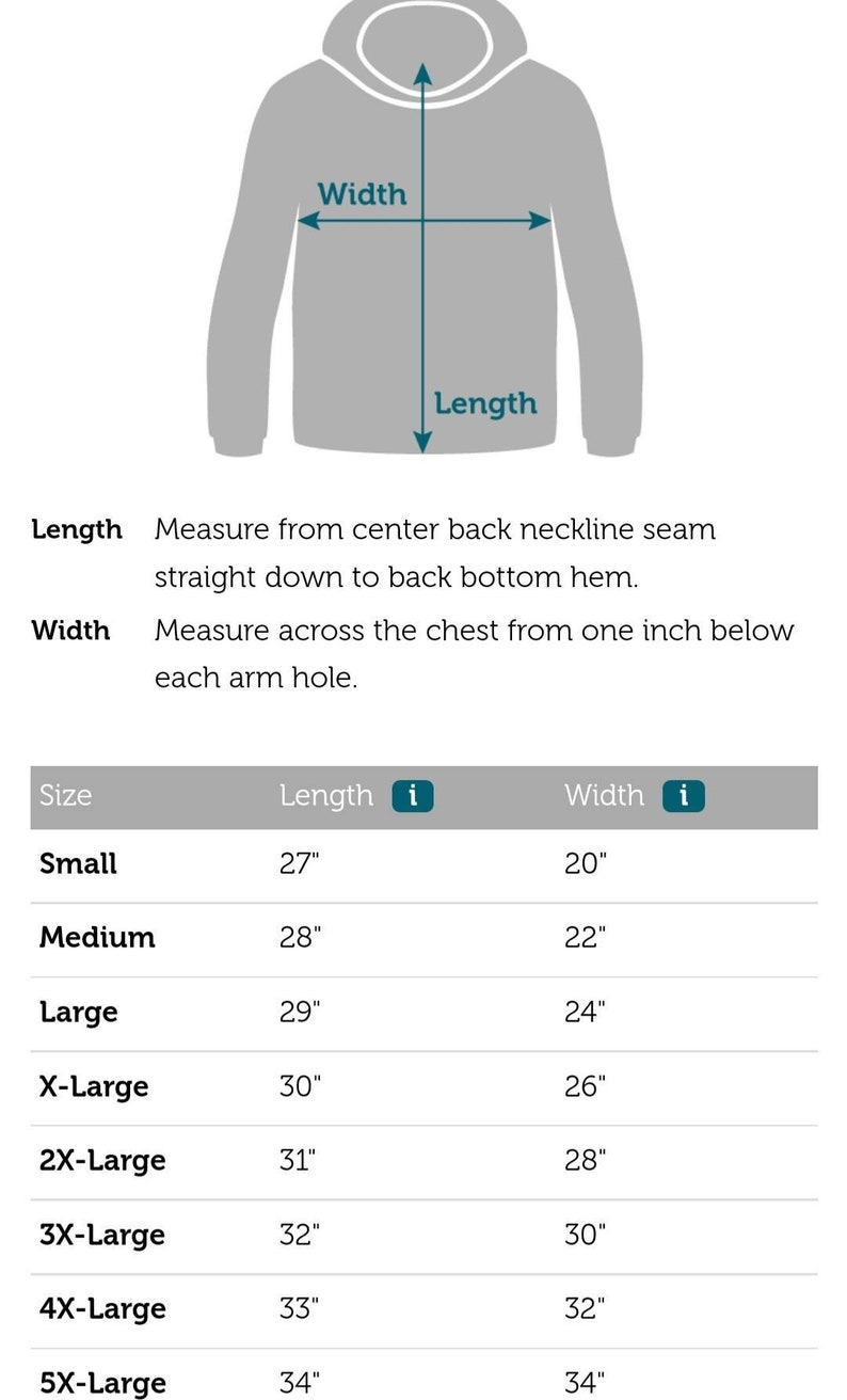 May include: Size chart for a hoodie with measurements in inches for length and width. The chart shows sizes from small to 5X-large.