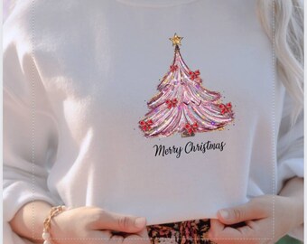 Pink Christmas Tree Sweatshirt, trendy christmas shirt, merry christmas tree sweatshirt