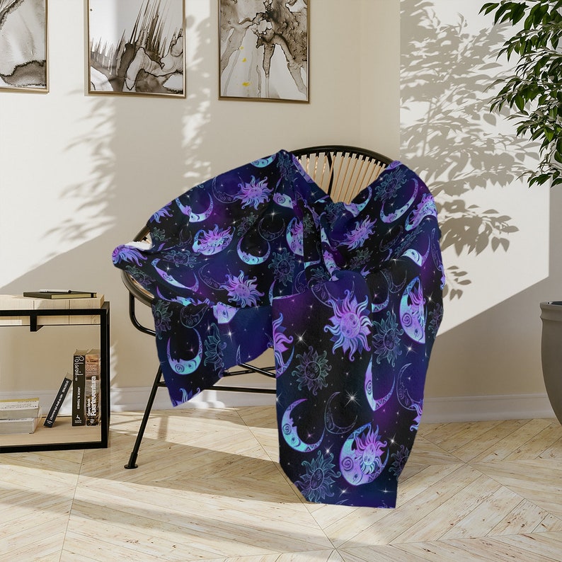Sun moon stars Celestial Blanket, witchy aesthetic, gift for her, super soft throw, Velveteen Minky Blanket image 1