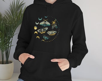 Moth Hoodie, cottagecore hoodie, mystical hoodie, dark academia fairycore, witchy hoodie, moon phases, moth shirt, witchy aesthetic