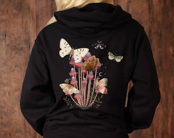 Moth Hoodie, Mushroom Hoodie, Cottagecore, goblincore hoodie, goth moth sweatshirt, cottage core hoodie,  dark academia, mystical shirt