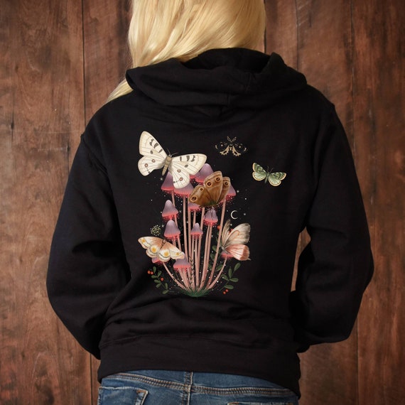 Moth Hoodie, Mushroom Hoodie, Cottagecore, goblincore hoodie, goth moth sweatshirt, cottage core hoodie,  dark academia, mystical shirt