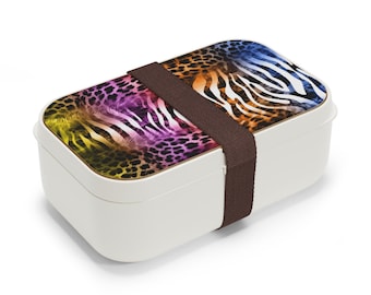 Rainbow Animal Print Bento Lunch Box with Utensils lunch tote for adults teens kids microwave safe BPA free