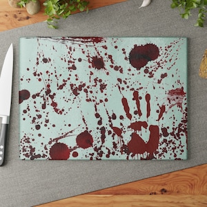 Bloody Hand Print Glass Cutting Board, dark humor gift, glass cutting board with bloody hand print and blood splatter
