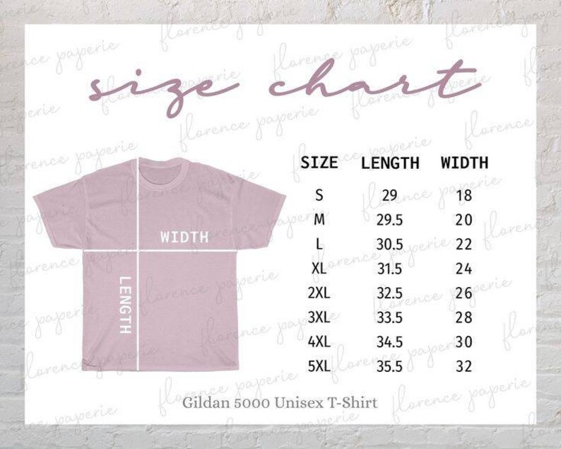 May include: Size chart for Gildan 5000 Unisex T-Shirt, showing measurements in inches for length and width for sizes S through 5XL.