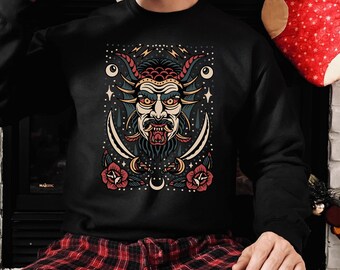 Krampus Sweatshirt, merry krampus holiday shirt, horror satanic christmas sweater, dark christmas, alternative holiday Crewneck Sweatshirt