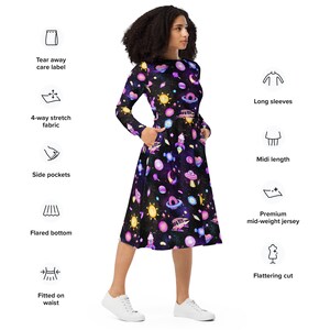 Space Goth long sleeve midi dress with pockets, kawaii goth women's dress, pastel goth Galaxy, aliencore, plus size 3x 4x 5x 6x