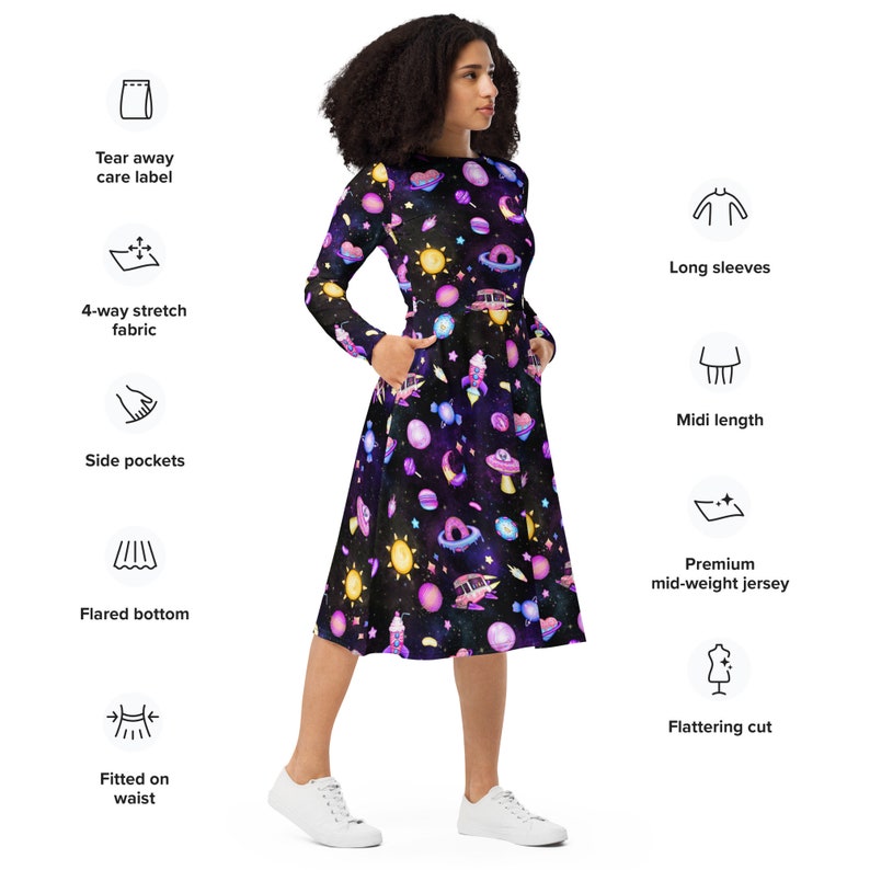 Space Goth long sleeve midi dress with pockets, kawaii goth women's dress, pastel goth Galaxy, aliencore, plus size 3x 4x 5x 6x