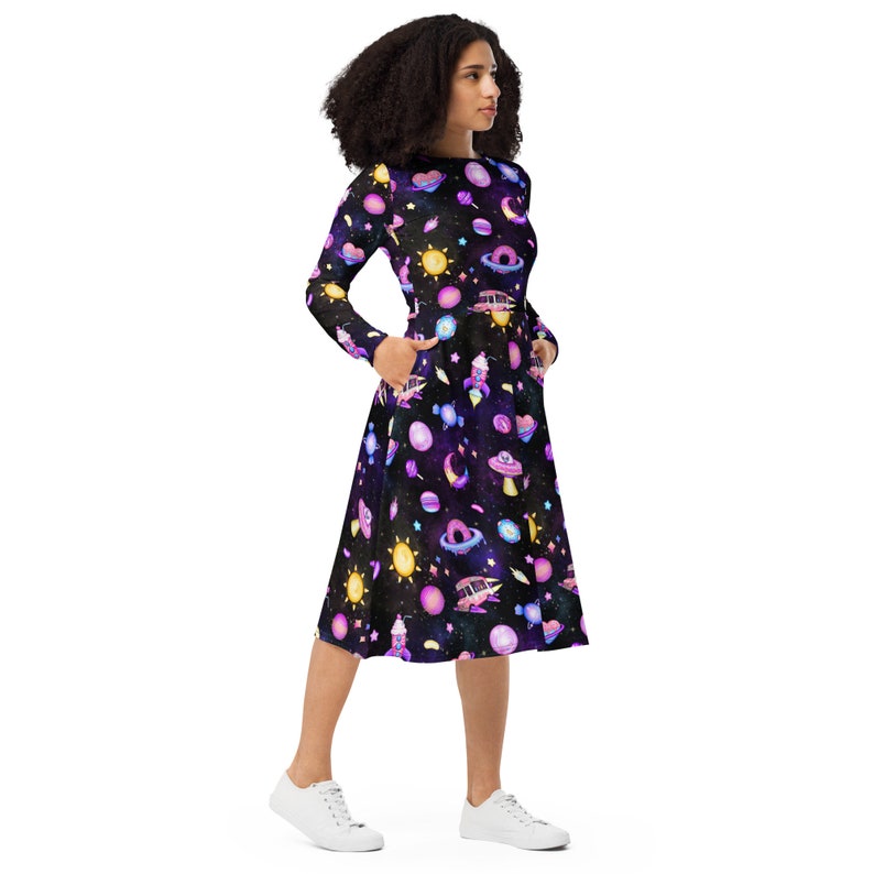 Space Goth long sleeve midi dress with pockets, kawaii goth women's dress, pastel goth Galaxy, aliencore, plus size 3x 4x 5x 6x