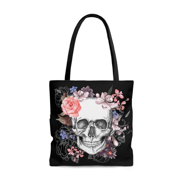 Skull and Flowers Tote Bag, Gothic tote, vintage Gothic aesthetic, book bag, beach bag, carryall, gift idea, reusable grocery tote, y2k tote