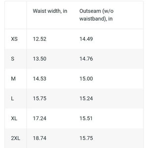May include: A table showing the waist width and outseam measurements in inches for different sizes of clothing, from XS to 2XL.
