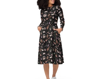 Abito midi a maniche lunghe Witchy Dark Academia con tasche, abbigliamento gotico da donna, fata oscura, abito cottagecore, abbigliamento alt