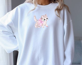 Coquette Clothing Retro Kitsch Kitten Sweatshirt, kattmamma-tröja, cottagecore y2k-estetik Unisex tung blandad tröja med rund hals