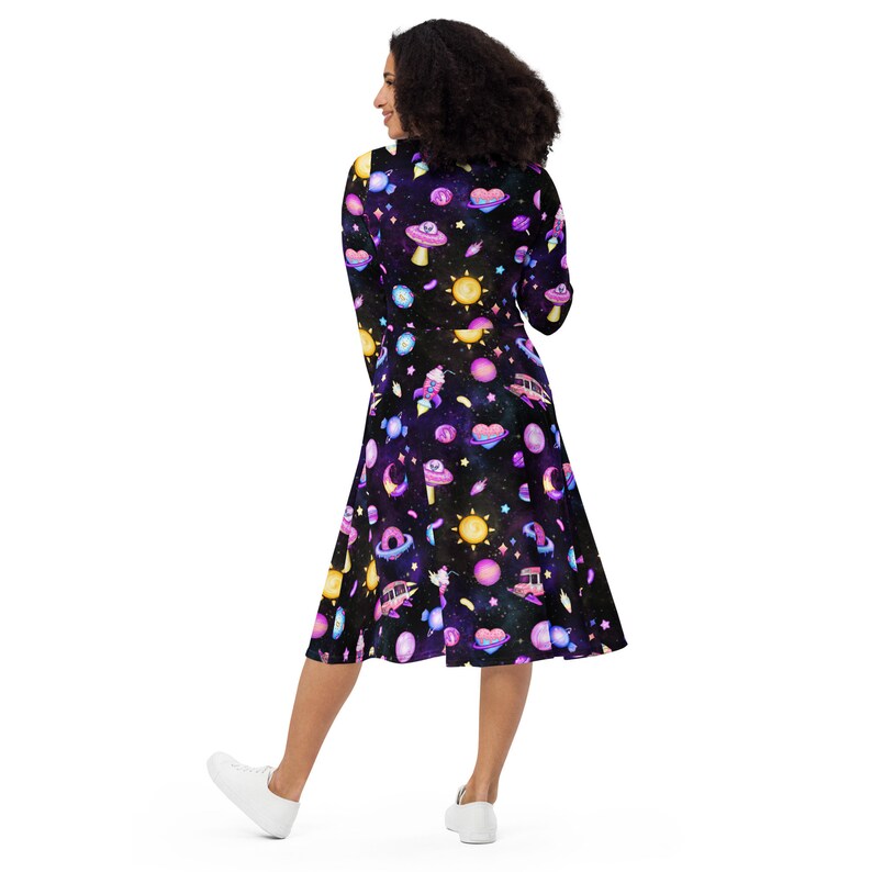 Space Goth long sleeve midi dress with pockets, kawaii goth women's dress, pastel goth Galaxy, aliencore, plus size 3x 4x 5x 6x
