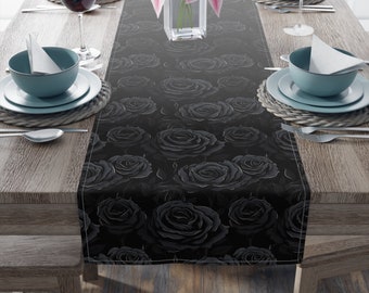 Chemin de table goth noir rose (coton, poly), décoration d'intérieur grunge, chemin de table en noyau cottage foncé, décoration d'intérieur noire