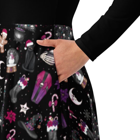 Goth Christmas Long Sleeve Midi Dress With Pockets Gothic Holiday Dress Plus Size Goth Witchy Aesthetic Grunge Christmas Dress Etsy Canada