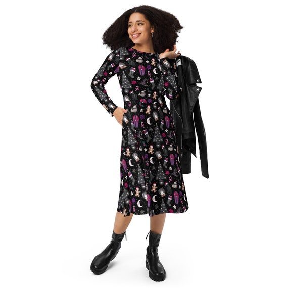 Goth Christmas Long Sleeve Midi Dress with Pockets, Alternative Women's Clothes, Spooky Christmas, Goth Women's Clothes, Plus Size 3X 4X 5X