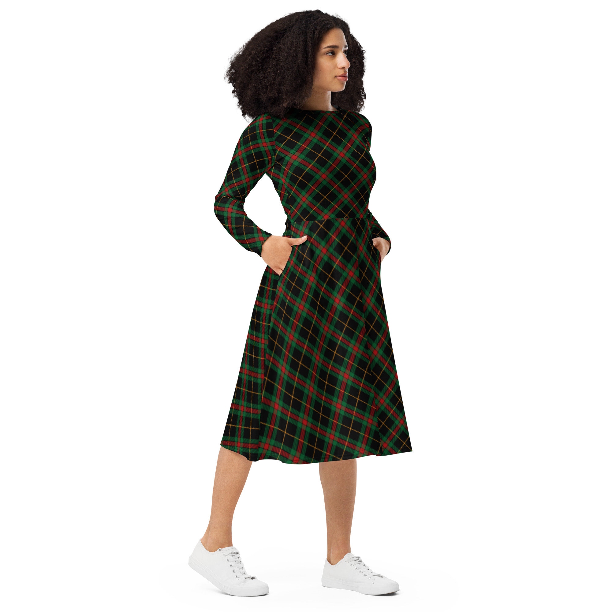 nightingale plaid midi dress green long sleeve dress, women's holiday dress, red Plaid christmas with pockets, women's dress no season