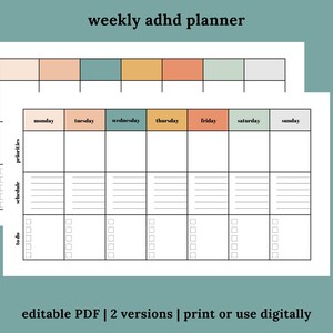 May include: A printable weekly planner designed for people with ADHD. The planner has sections for priorities, schedule, and to-do lists. The planner is divided into days of the week, with each day having a different colour. The planner is labelled "weekly adhd planner" and "editable PDF | 2 versions | print or use digitally".