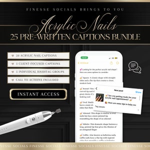 Peut inclure: Un produit de marketing numérique pour les salons de manucure en acrylique. L'image montre l'écran d'un téléphone avec une liste de différentes formes d'ongles et une publication sur les réseaux sociaux avec le texte "Êtes-vous prête pour votre rendez-vous pour des ongles en acrylique ? Voici quelques conseils pour vous aider". Le produit comprend 20 légendes pour les ongles en acrylique, 5 légendes axées sur le client, 5 groupes de hashtags individuels et des appels à l'action.