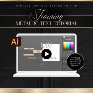 Könnte beinhalten: Ein Laptop-Bildschirm zeigt ein Grafikdesign-Tutorial zur Erstellung von Metallic-Text in Adobe Illustrator. Das Tutorial trägt den Titel "Training Metallic Text Tutorial" und kostet £40. Der Bildschirm zeigt auch eine Farbpalette und einen Play-Button.