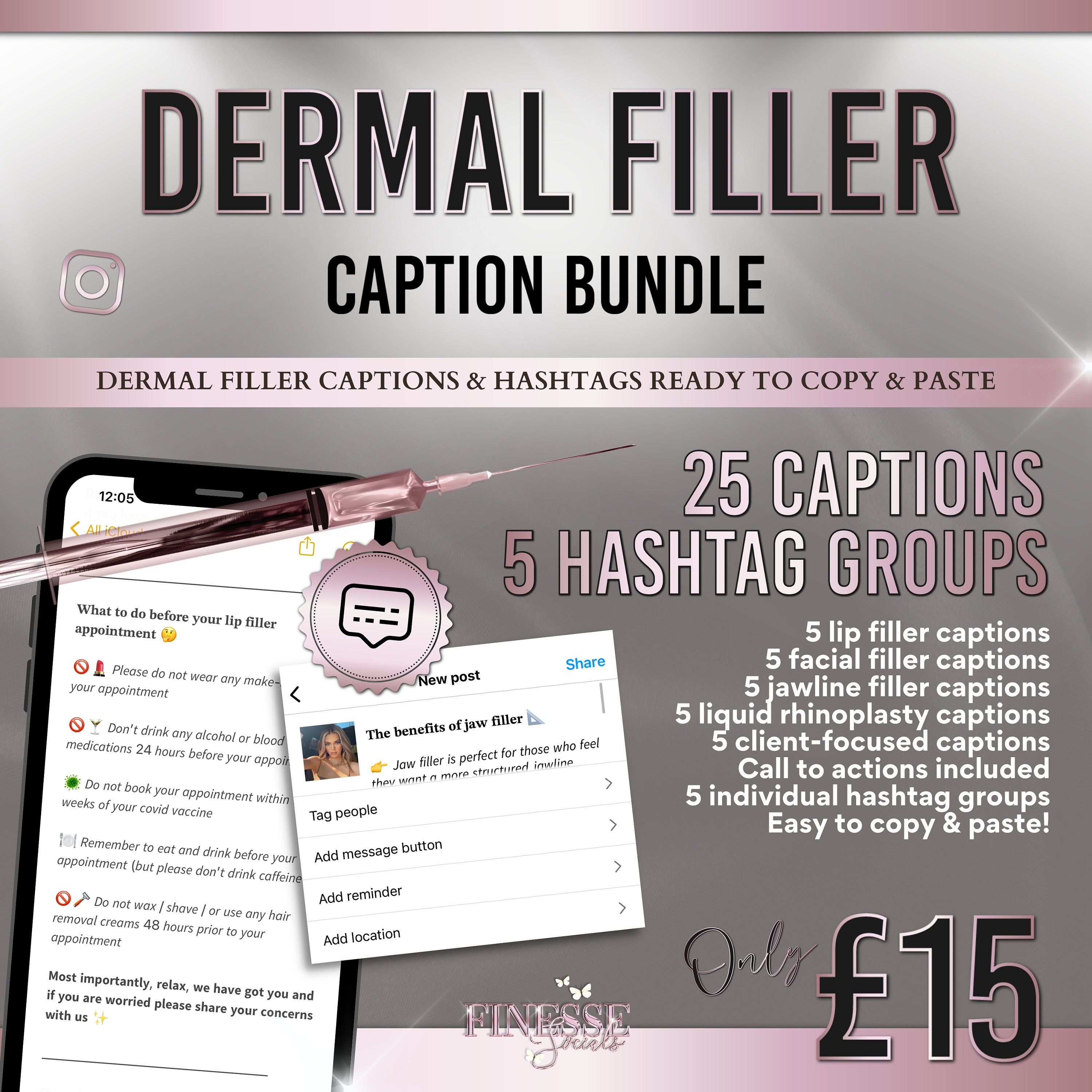 Dermal Filler Caption Bundle for Instagram 25 Captions & 5 Hashtag