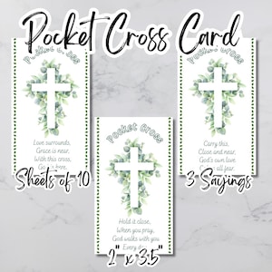 May include: Three white Pocket Cross Cards with a cross design and floral accents. The cards have inspirational quotes and are 5.08 cm by 8.89 cm. The text "Pocket Cross Card" is at the top.