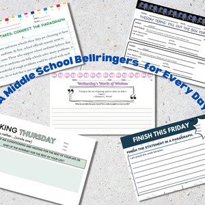 English Language Arts Bellringers for the Entire Year | Perfect for Middle School | 5 Categories | 40 Bellringers per Category | 2 per page