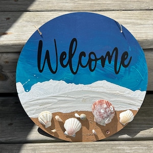 Handcrafted Beach Welcome Sign with Seashells | Nautical Coastal Decor Housewarming Gift for New Home Owner and Ocean Lover