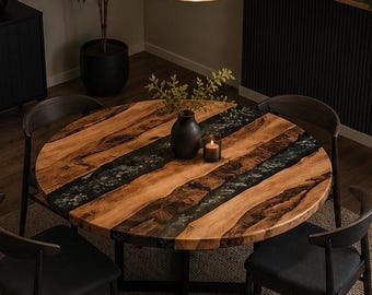 Round Live Edge Wood Dining Table with Dark Epoxy Resin Infill – Modern Rustic Statement Furniture for Dining Room Coffee Tabletop |